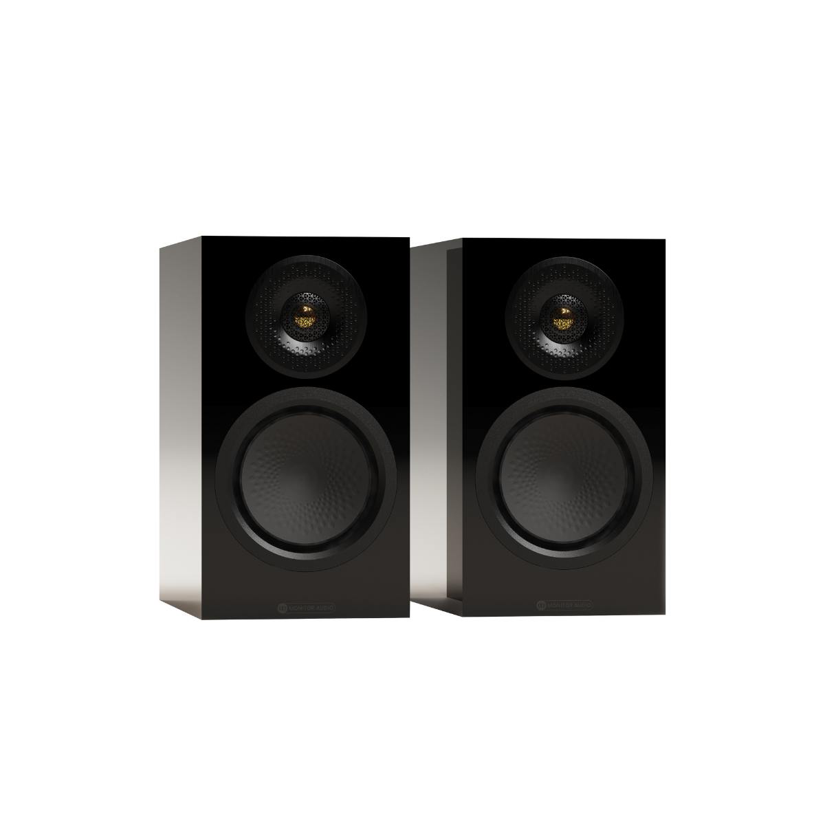 A pair of black Monitor Audio Silver 50 8G Compact 2-way Bookshelf Speakers with silver side panels, shown from a front-three-quarter angle on a solid white background.