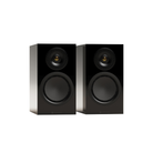 A pair of black Monitor Audio Silver 50 8G Compact 2-way Bookshelf Speakers with silver side panels, shown from a front-three-quarter angle on a solid white background.