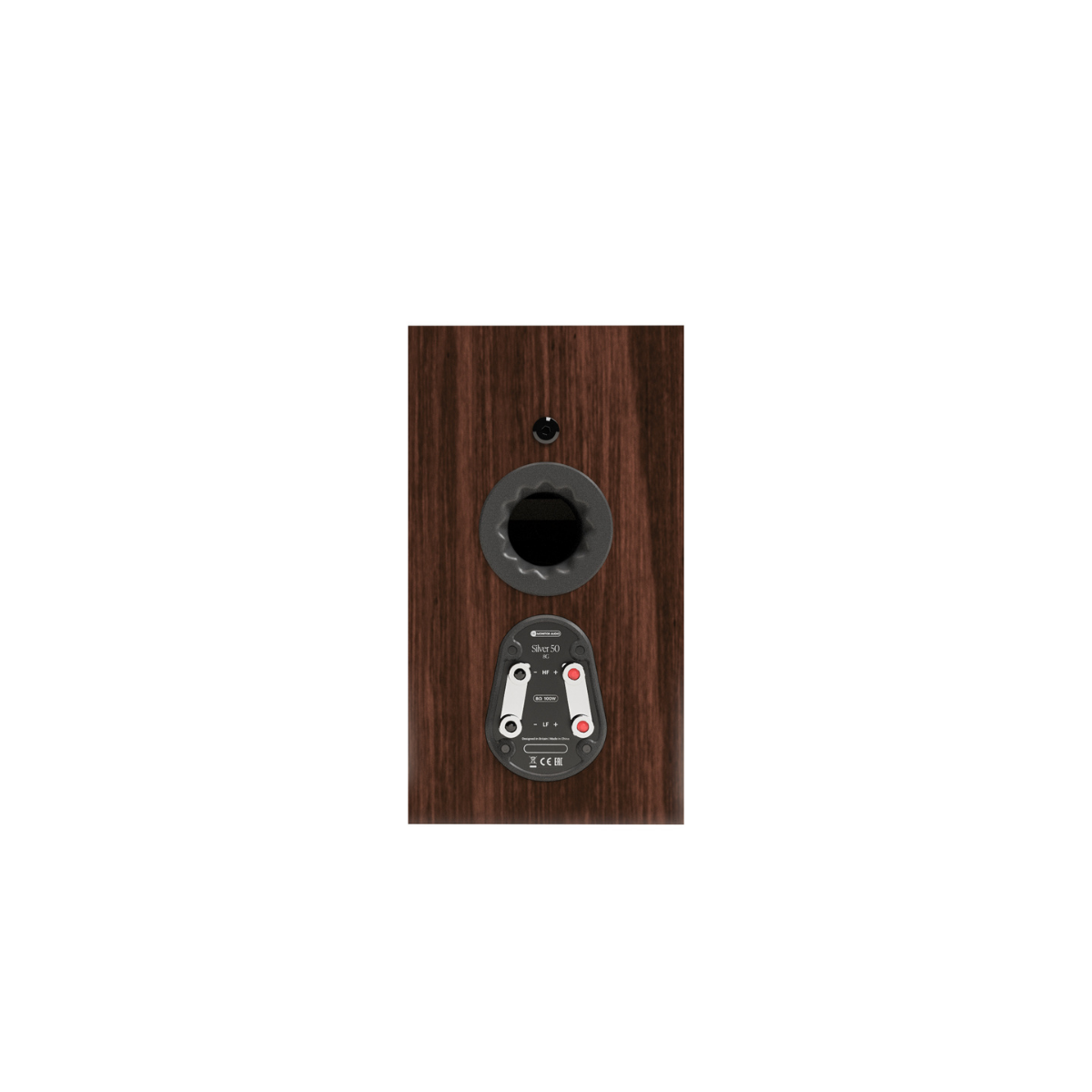 A single wood-look Monitor Audio Silver 50 8G Compact 2-way Bookshelf Speaker shown front-on against a plain white background. The front includes a circular opening and a small oval control panel with red and white markings.
