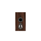 A single wood-look Monitor Audio Silver 50 8G Compact 2-way Bookshelf Speaker shown front-on against a plain white background. The front includes a circular opening and a small oval control panel with red and white markings.