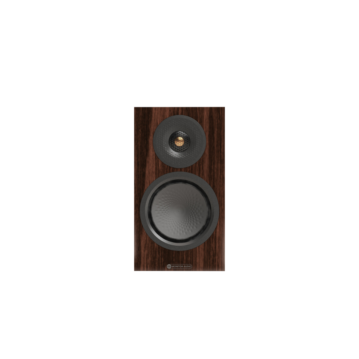 A single Monitor Audio Silver 50 8G Compact 2-way Bookshelf Speaker with a dark brown wood-grain finish and dual drivers, shown against a solid white background.