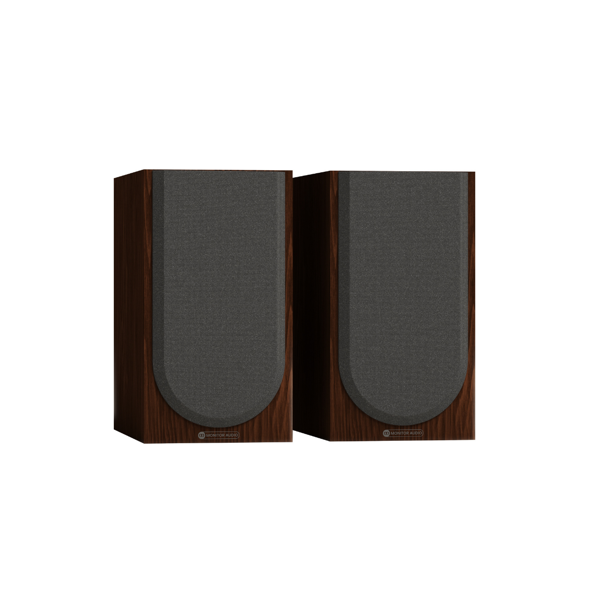 Two matching Monitor Audio Silver 50 8G Compact 2-way Bookshelf Speakers with dark brown wood-grain cabinets and gray fabric front panels, shown side by side on a plain white background.