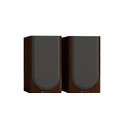 Two matching Monitor Audio Silver 50 8G Compact 2-way Bookshelf Speakers with dark brown wood-grain cabinets and gray fabric front panels, shown side by side on a plain white background.