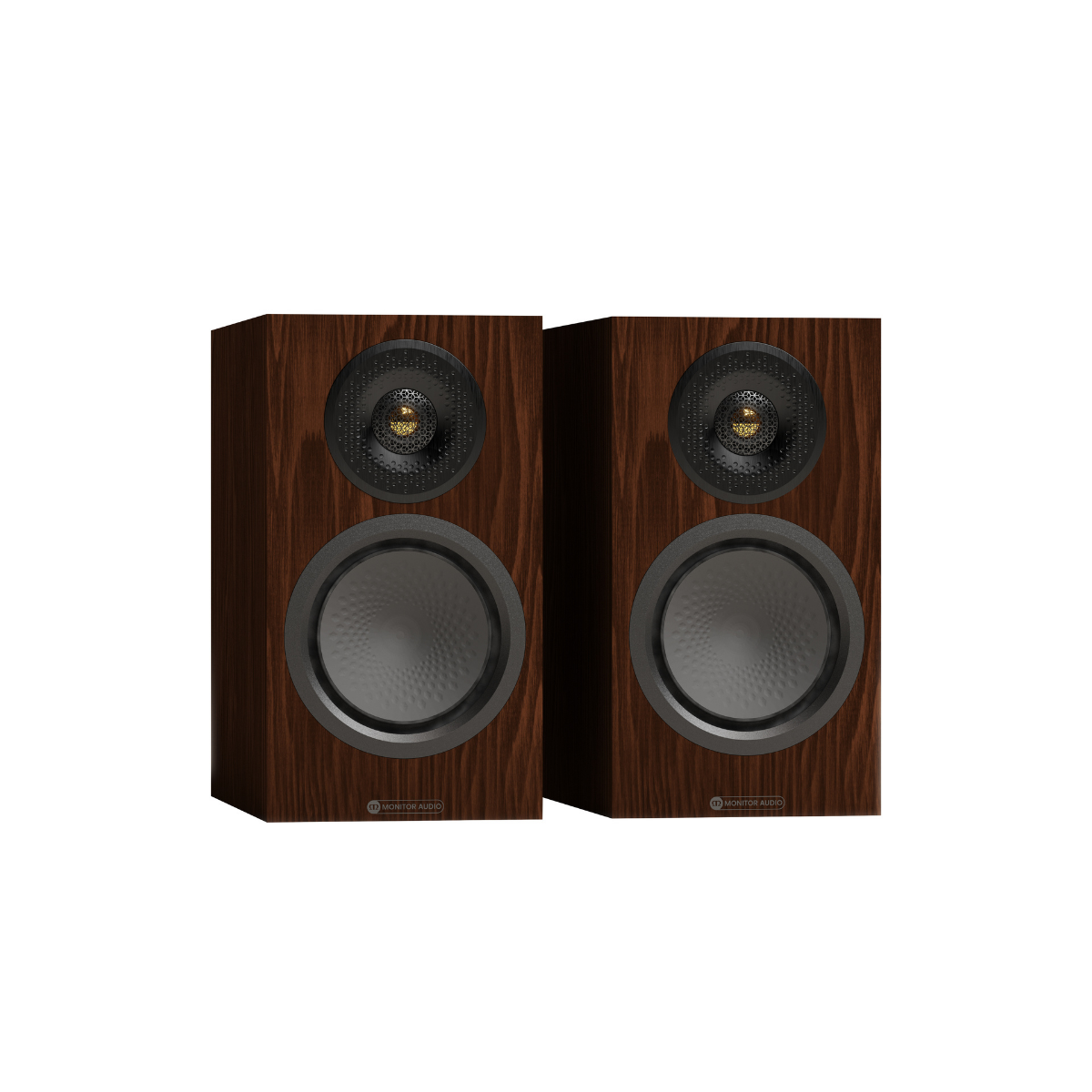 A pair of Monitor Audio Silver 50 8G Compact 2-way Bookshelf Speaker with dark brown wood-grain cabinets, black midranges, and gold-tipped top drivers, shown against a plain white background.