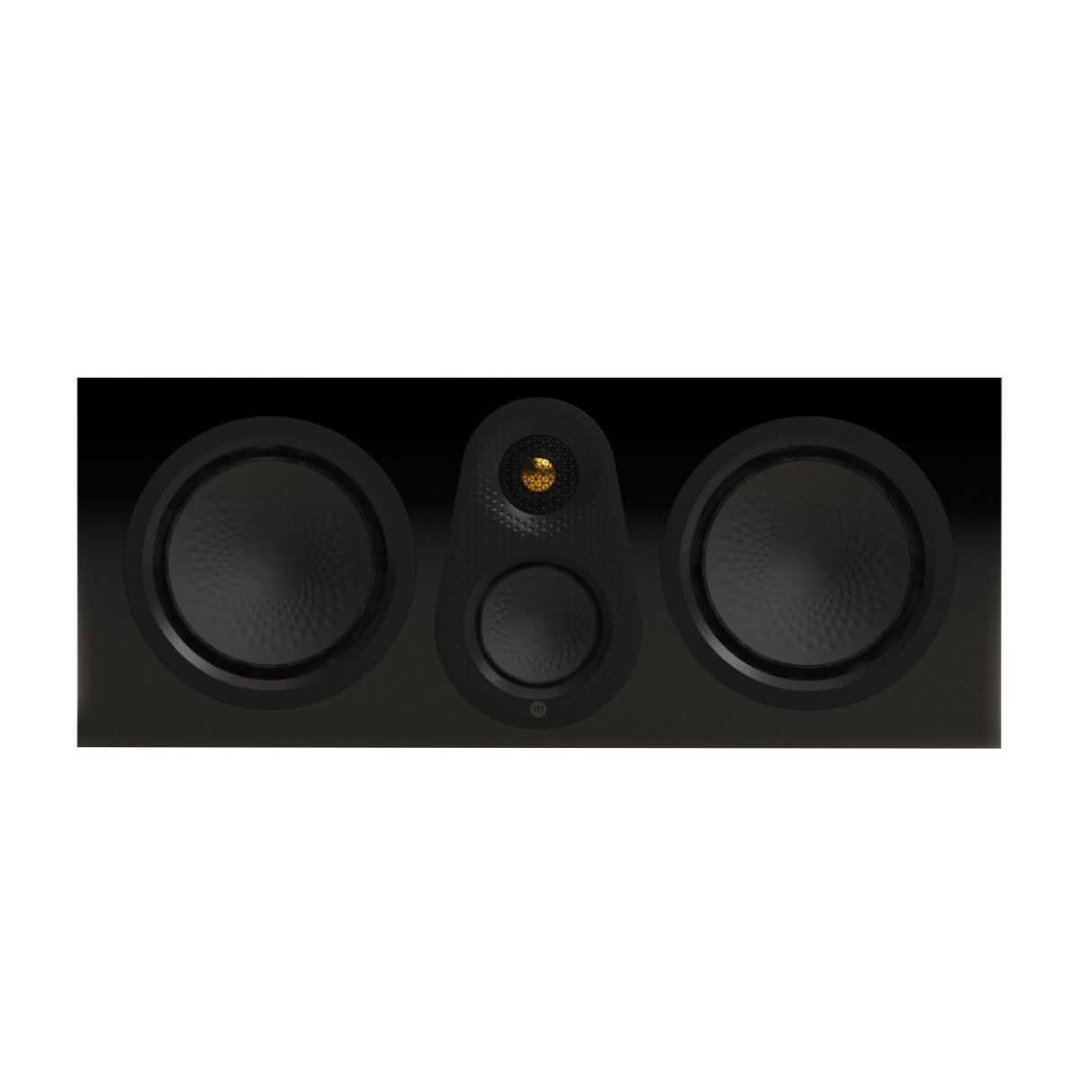A black three-way center channel speaker with two large woofers and a central tweeter, shown against a plain white background.