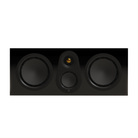 A black three-way center channel speaker with two large woofers and a central tweeter, shown against a plain white background.