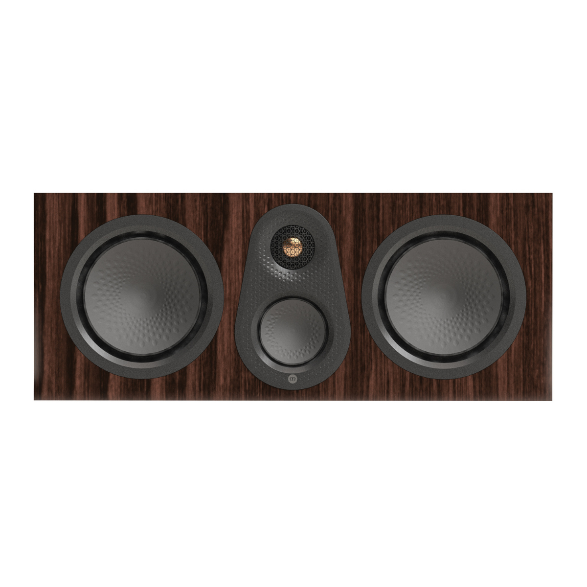 A Monitor Audio Silver Centre 8G 3-way Center Channel Speaker with a dark brown wood grain cabinet and black drivers, shown from a top-down view against a white background.