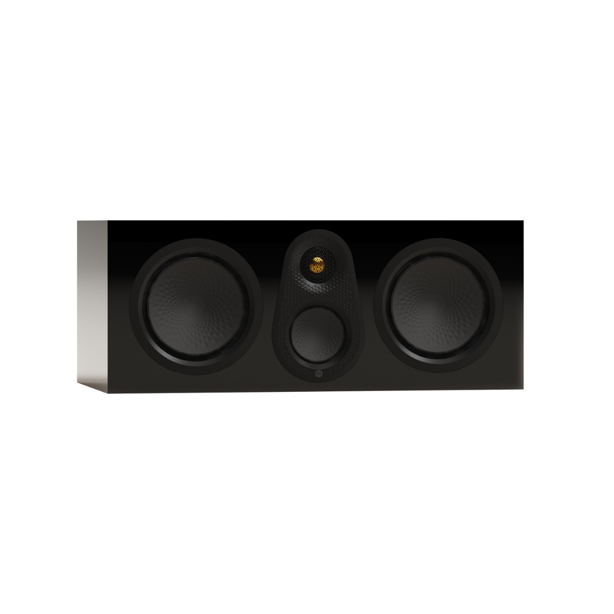 A black Monitor Audio Silver Centre 8G 3-way Center Channel Speaker with two large woofer drivers, a smaller mid driver, and a gold-tipped top horn driver, shown against a plain white background.