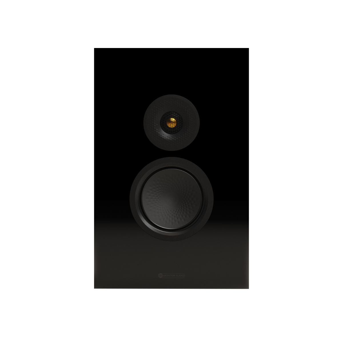 A sleek, black bookshelf speaker with two drivers (a small top tweeter and a larger mid-bass driver) on a solid white background.