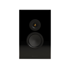 A sleek, black bookshelf speaker with two drivers (a small top tweeter and a larger mid-bass driver) on a solid white background.