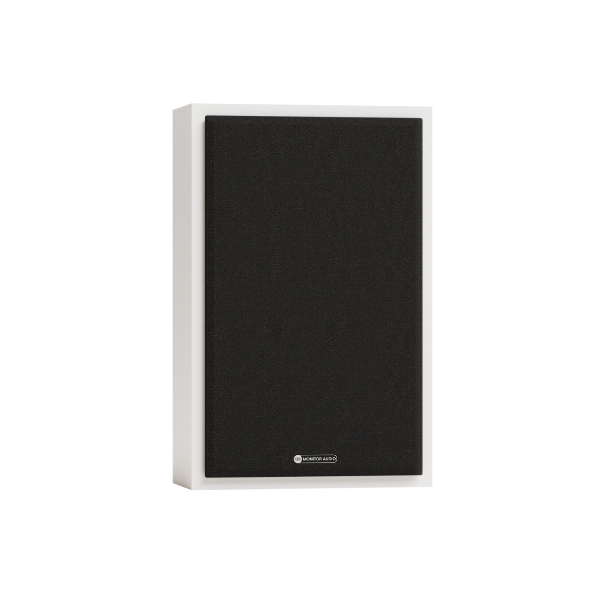 A wall-mounted bookshelf speaker by Monitor Audio, featuring a black fabric grille and a slim white frame, shown against a solid white background.