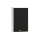 A wall-mounted bookshelf speaker by Monitor Audio, featuring a black fabric grille and a slim white frame, shown against a solid white background.