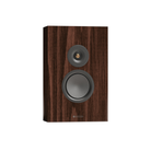 A Monitor Audio Silver On-Wall 8G Slim On-wall LCR Speaker with a dark brown wood grain finish, featuring a large woofer and a smaller tweeter, shown against a plain white background.