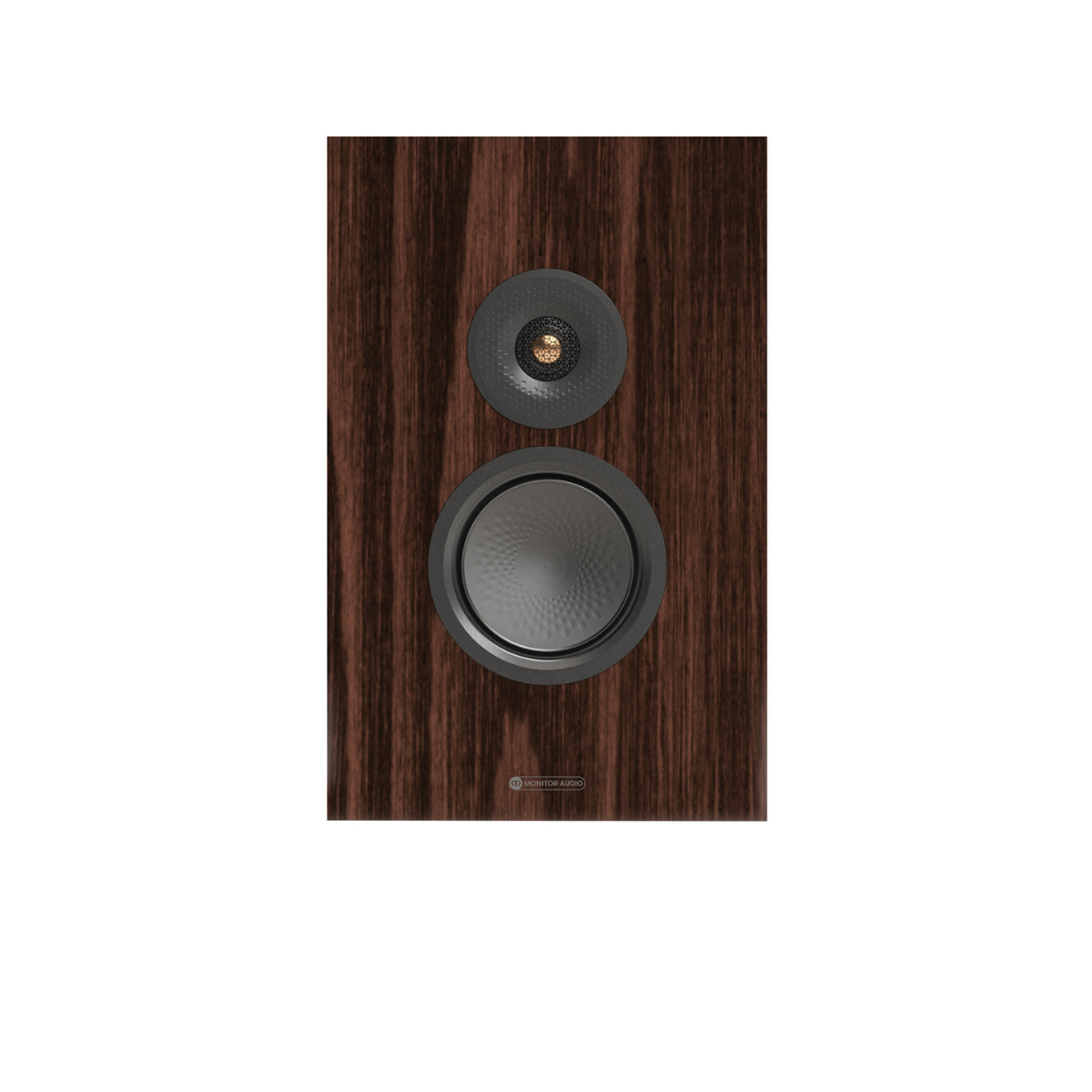 A single Monitor Audio Silver On-Wall 8G Slim On-wall LCR Speaker with a dark brown wood grain front panel, featuring a large woofer and a smaller tweeter, shown against a plain white background.