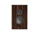 A single Monitor Audio Silver On-Wall 8G Slim On-wall LCR Speaker with a dark brown wood grain front panel, featuring a large woofer and a smaller tweeter, shown against a plain white background.