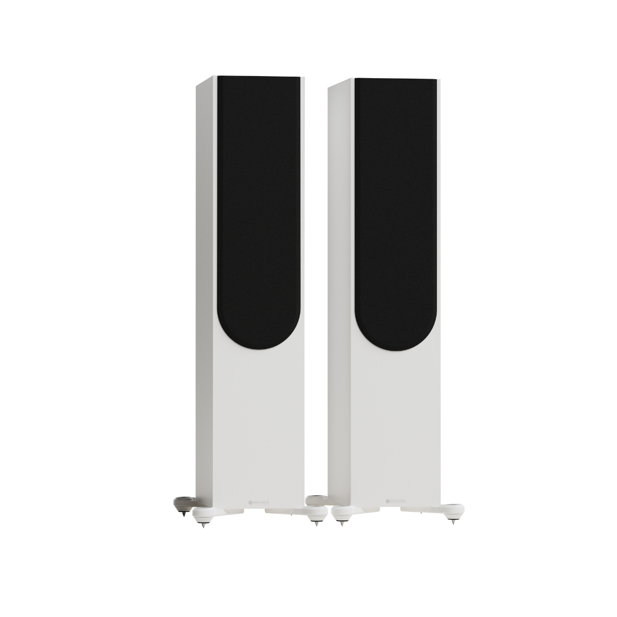 A pair of tall, slim fMonitor Audio Silver Silver 500 8G 3-way Floor Standing Speaker with white bodies and black front panels, standing on small feet against a plain white background.