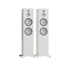 A pair of white Monitor Audio Silver Silver 500 8G 3-way Floor Standing Speaker with black-rimmed circular driver grilles, shown against a solid white background.