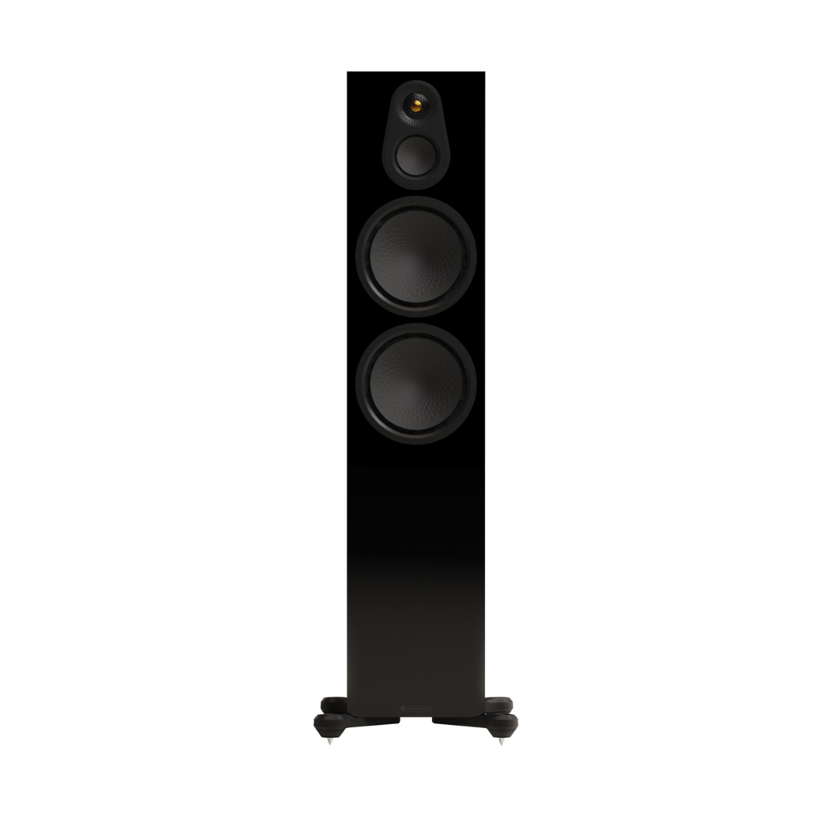 A tall, black Monitor Audio Silver Silver 500 8G 3-way Floor Standing Speaker with three driver cones and a small gold accent near the top, shown against a solid white background.