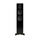 A tall, black Monitor Audio Silver Silver 500 8G 3-way Floor Standing Speaker with three driver cones and a small gold accent near the top, shown against a solid white background.