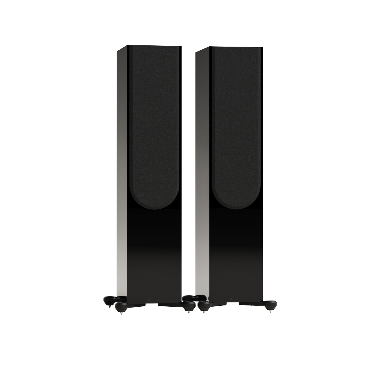 A pair of tall, black floor-standing speakers with a glossy finish and small feet, shown against a solid white background.