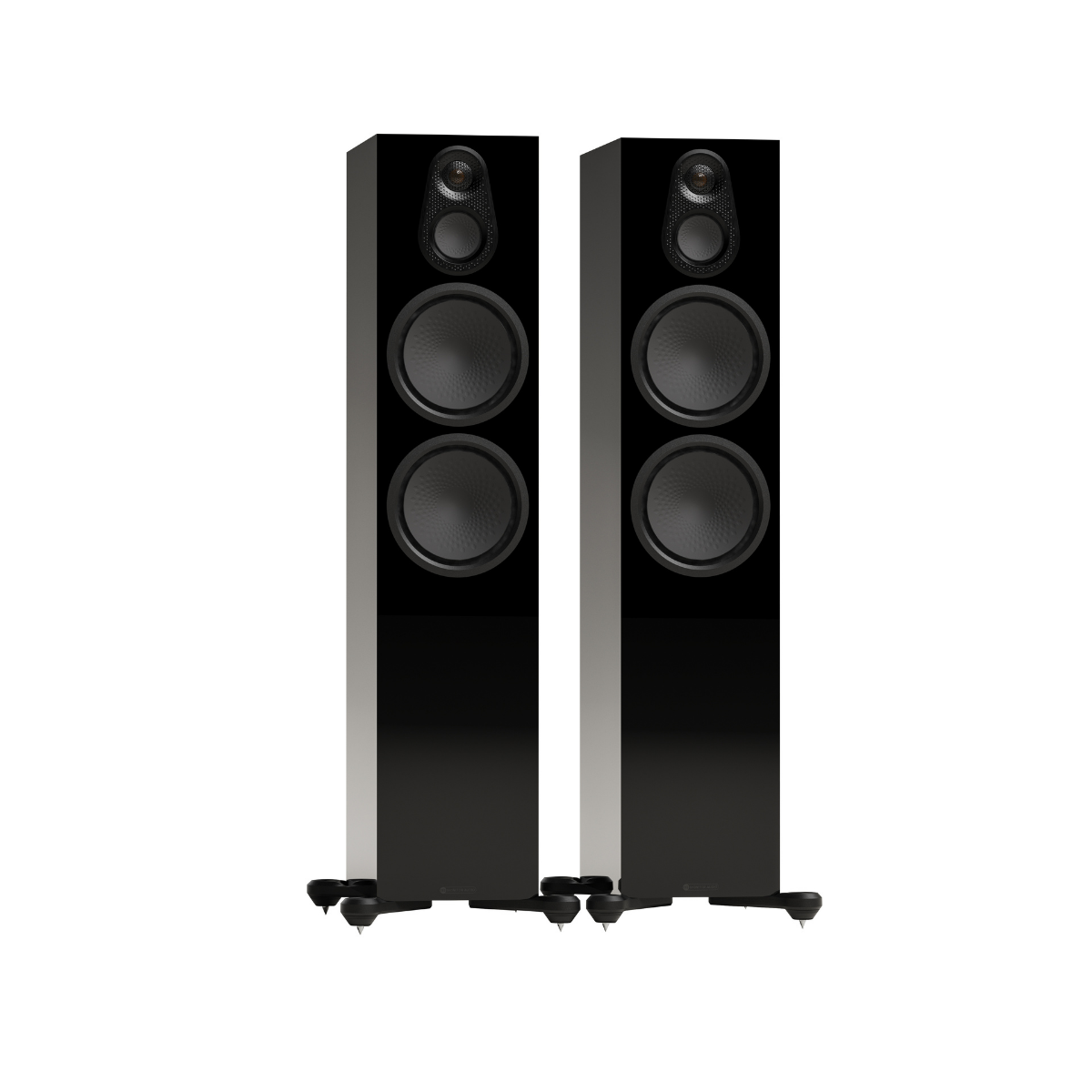 A pair of tall, black Monitor Audio Silver Silver 500 8G 3-way Floor Standing Speakers with three drivers each, shown on a plain white background.