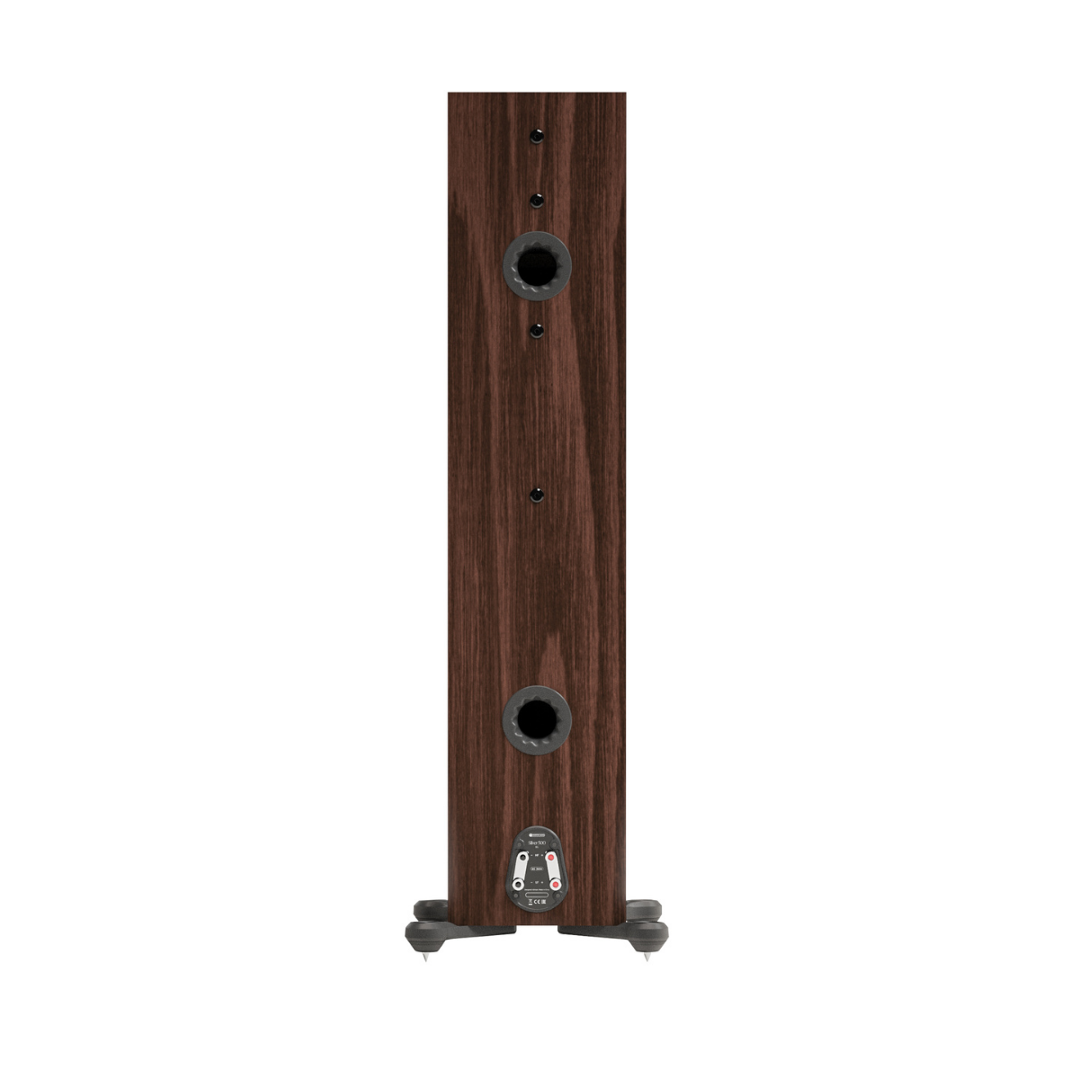 A tall Monitor Audio Silver Silver 500 8G 3-way Floor Standing Speaker with a dark brown wood grain finish, featuring dual circular driver openings and a small control panel at the base, shown against a plain white background.