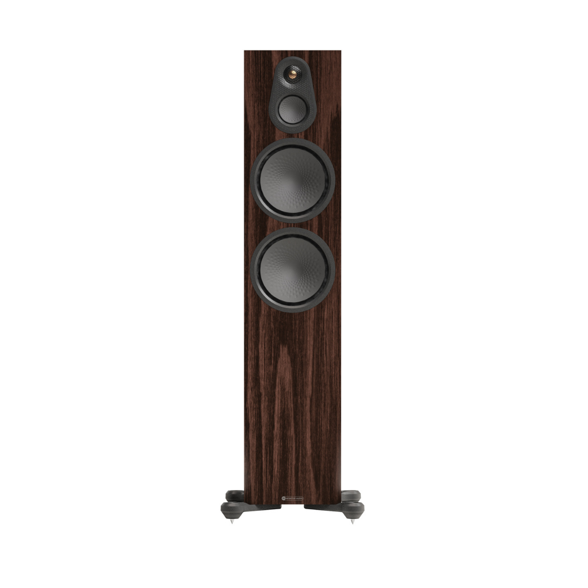 A tall Monitor Audio Silver Silver 500 8G 3-way Floor Standing Speaker with a dark brown wood grain finish, featuring three drivers and a small top grille, shown on a plain white background.