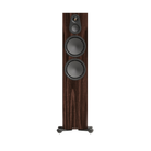 A tall Monitor Audio Silver Silver 500 8G 3-way Floor Standing Speaker with a dark brown wood grain finish, featuring three drivers and a small top grille, shown on a plain white background.