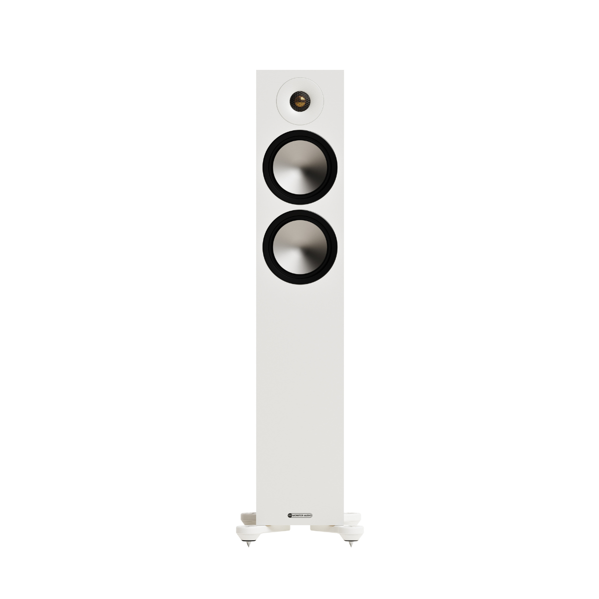 A tall, white Monitor Audio Bronze 300 7G Flagship Two and a Half-way Floor Standing Speaker with two black-rimmed drivers and a small gold detail near the top, shown against a solid white background.