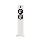 A tall, white Monitor Audio Bronze 300 7G Flagship Two and a Half-way Floor Standing Speaker with two black-rimmed drivers and a small gold detail near the top, shown against a solid white background.