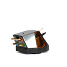 Rega ND9 Moving Magnet Phono Cartridge - side view and rear view of cartridge upside down on white background with needle pointing right