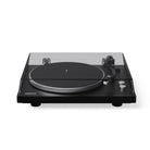 Black turntable with clear dust cover on a white background