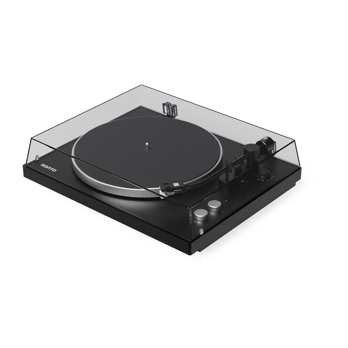 Black turntable with clear dust cover on a white background