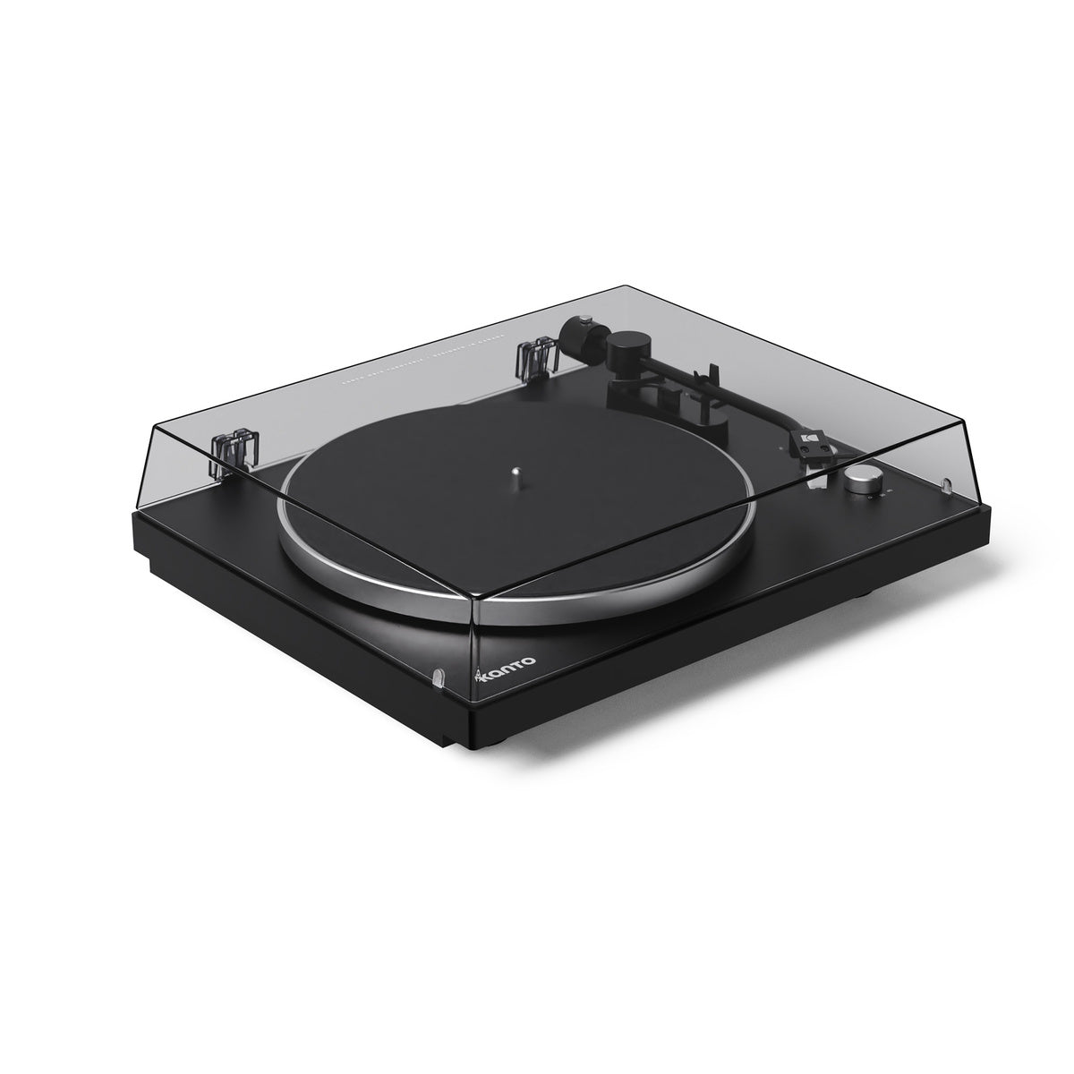 Black turntable with clear dust cover on a white background