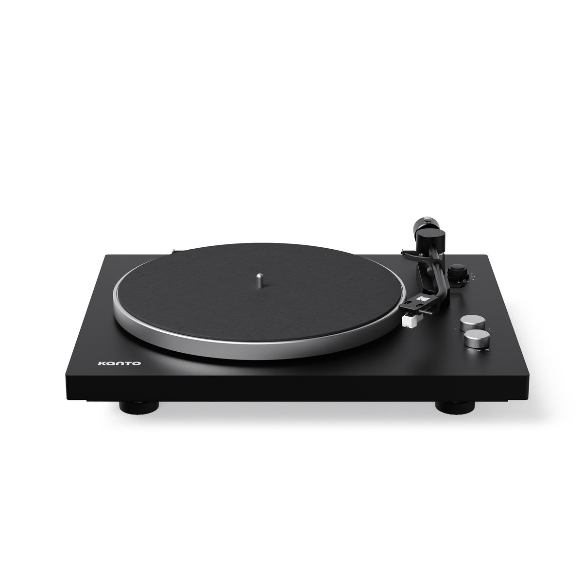 Black turntable with silver platter on a white background