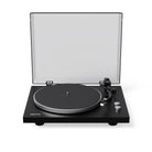 Black turntable with clear dust cover on a white background