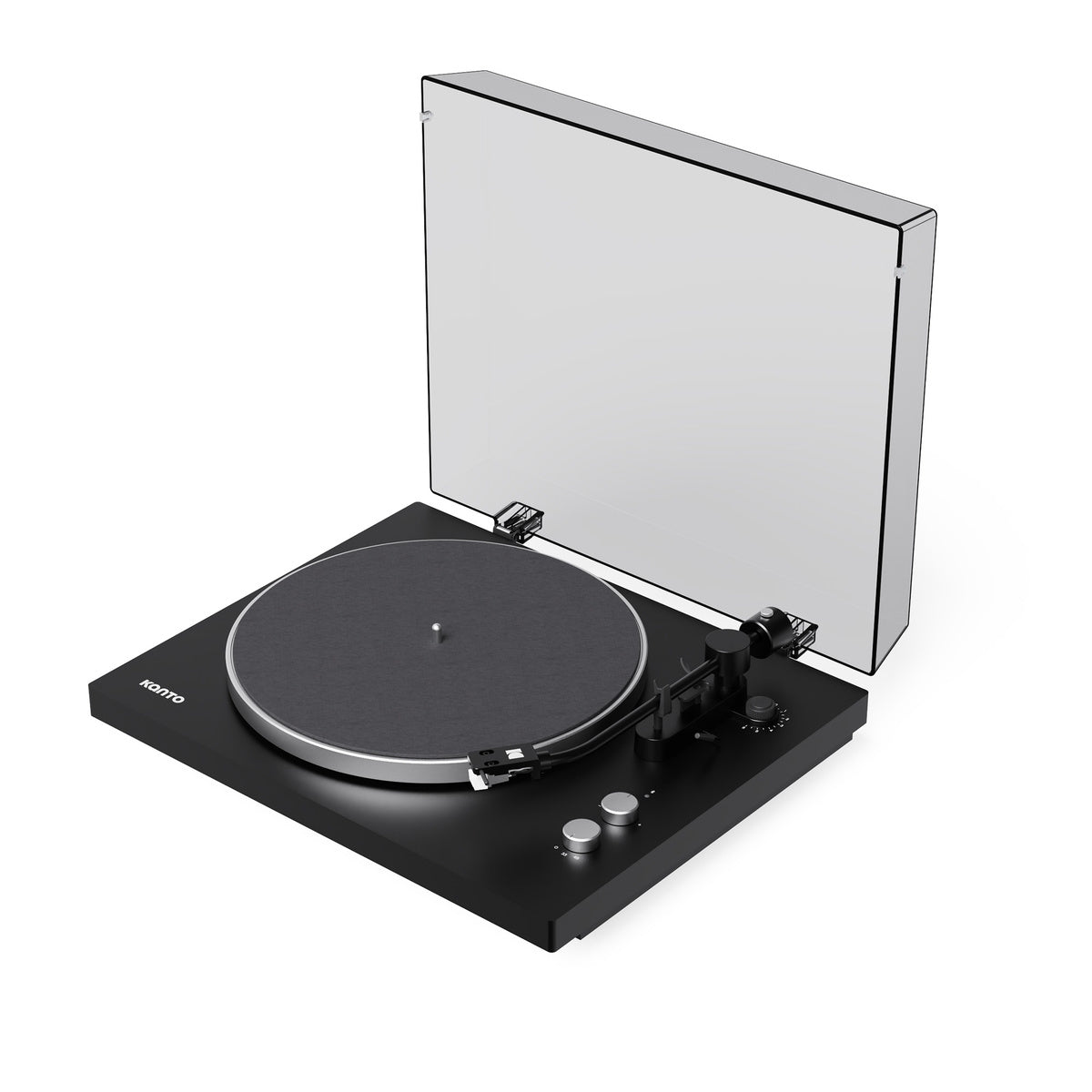 Black turntable with a clear dust cover on a white background