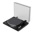 Black turntable with a clear dust cover on a white background