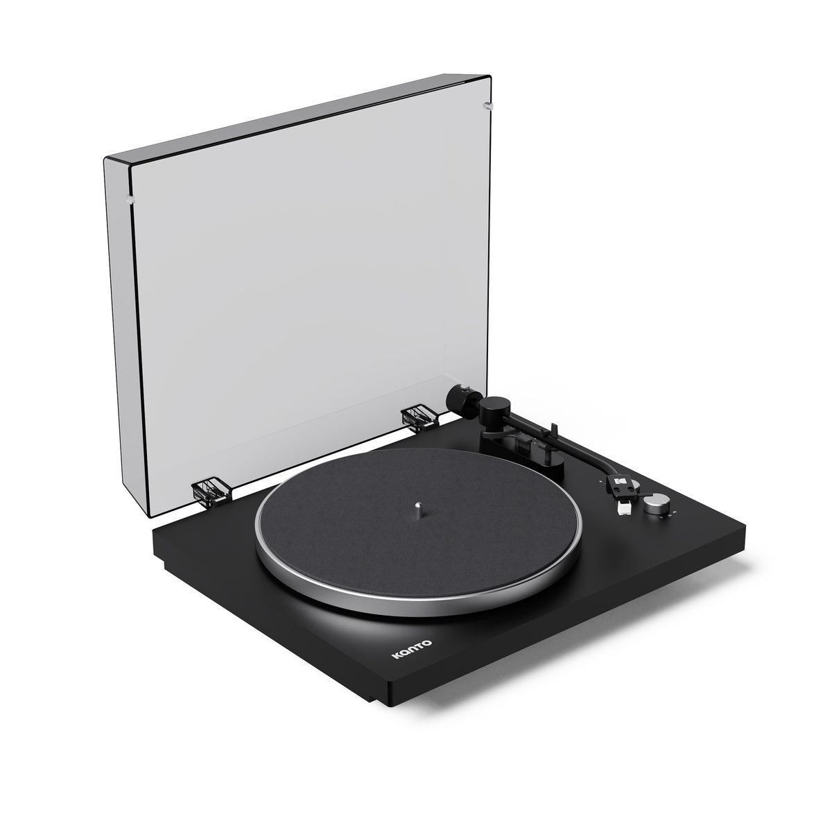 Black turntable with clear dust cover on a white background