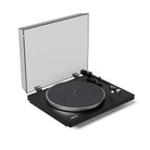 Black turntable with clear dust cover on a white background