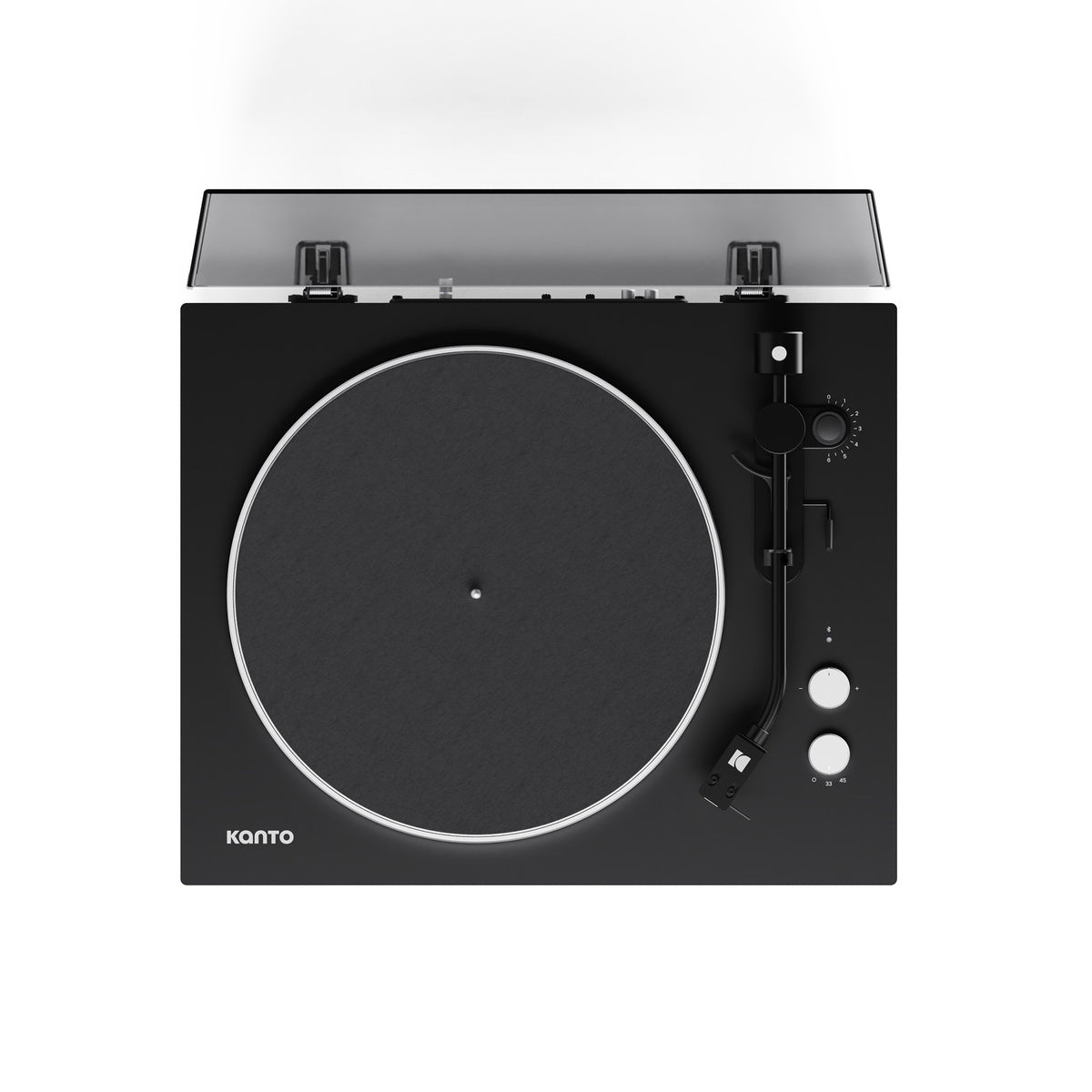 Black turntable with Kanto branding on a white background