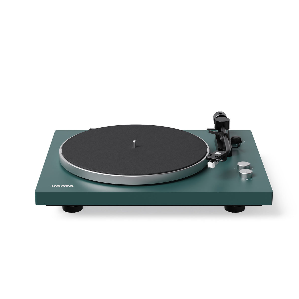 Green turntable with black platter on a white background