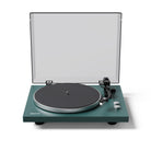 Green turntable with clear dust cover on a white background