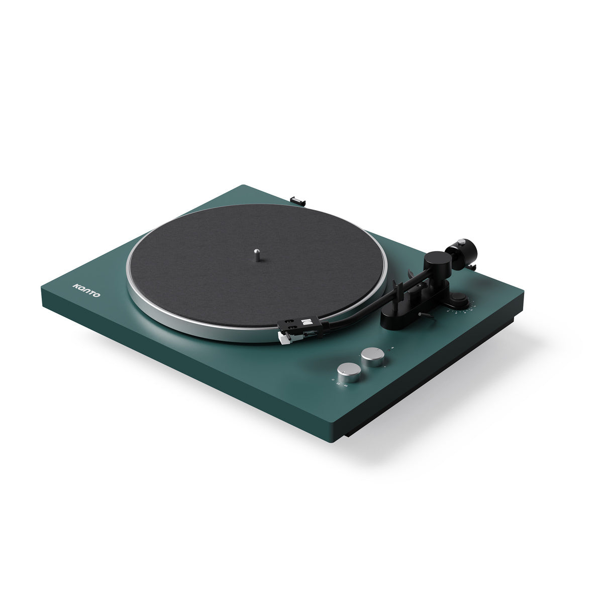 Green turntable with black platter on a white background