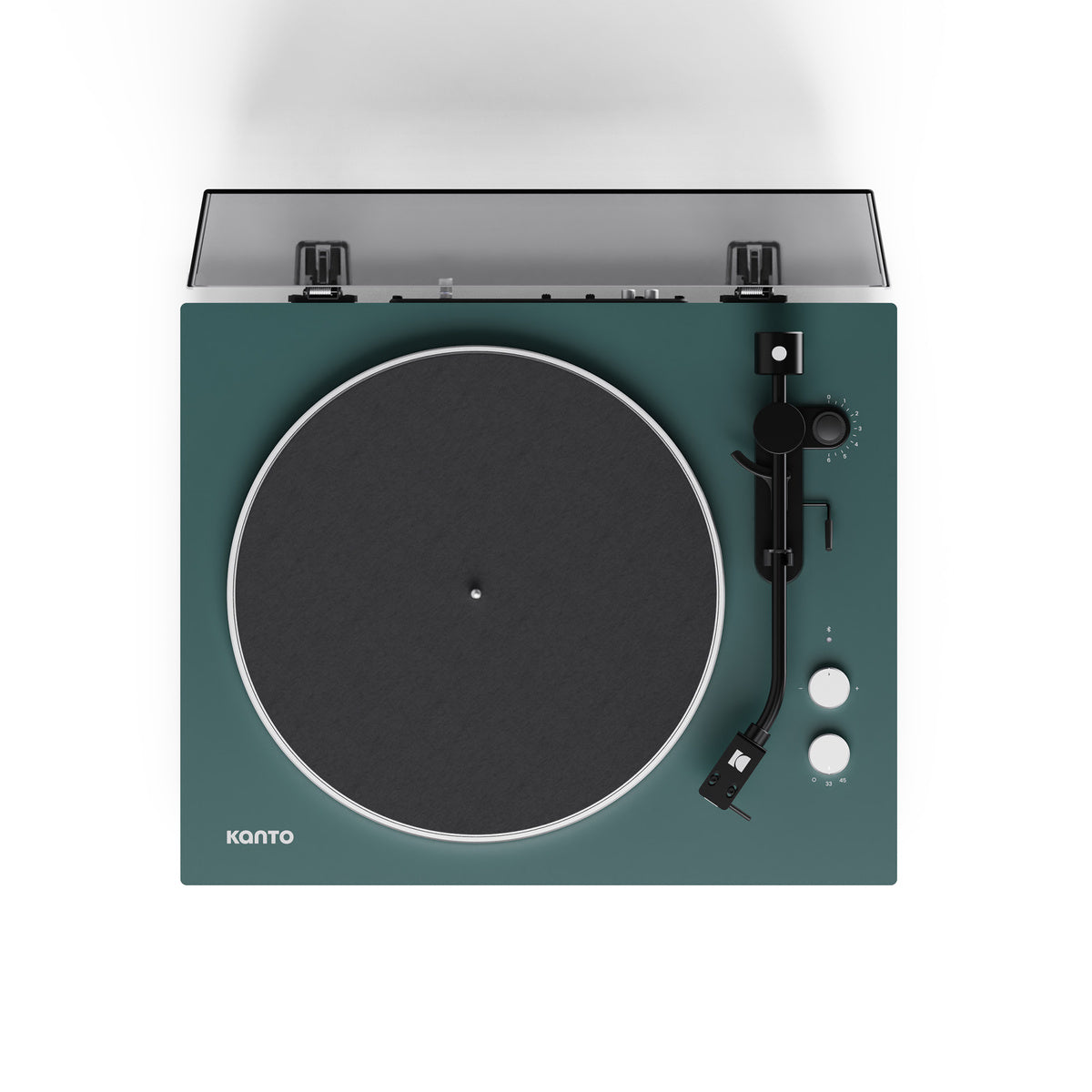 Green turntable with black platter on a white background