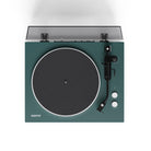 Green turntable with black platter on a white background