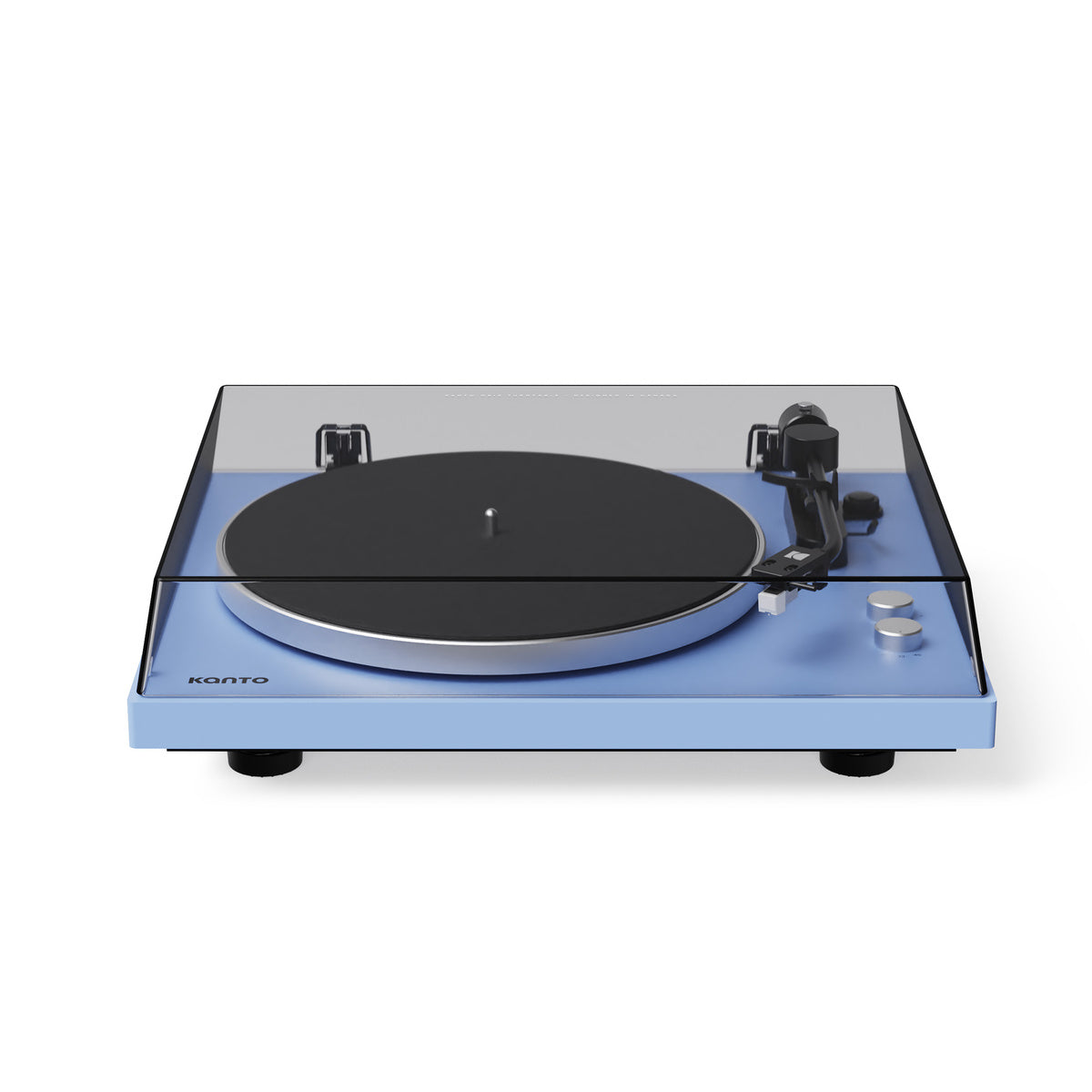 Blue turntable with black platter on a white background