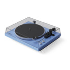 Blue turntable with clear dust cover on a white background
