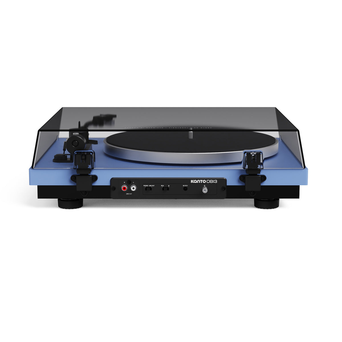 Kanto Audio turntable with blue base on a white background