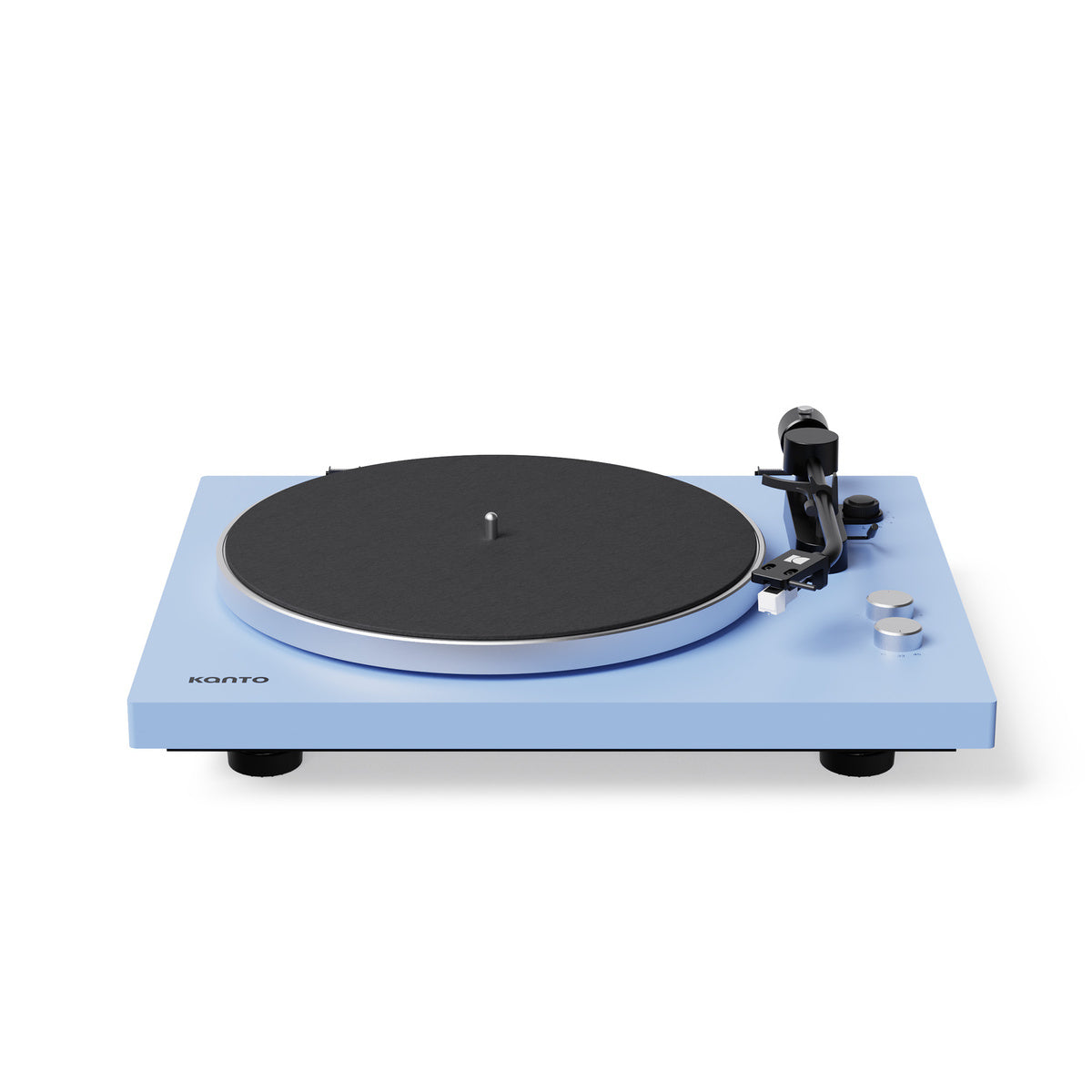 Blue turntable with black platter on a white background
